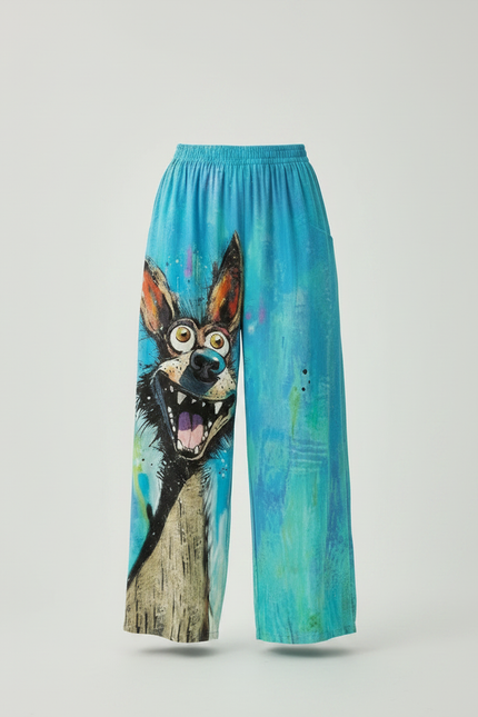Pantalon Fluide Bleu Imprimé Chien Ample Décontracté - Viscose - vue 3