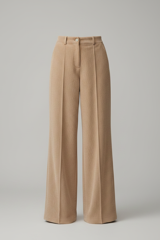 Pantalon Fluide Beige Côtelé Ample Taille Haute Femme - Cordé - vue 3
