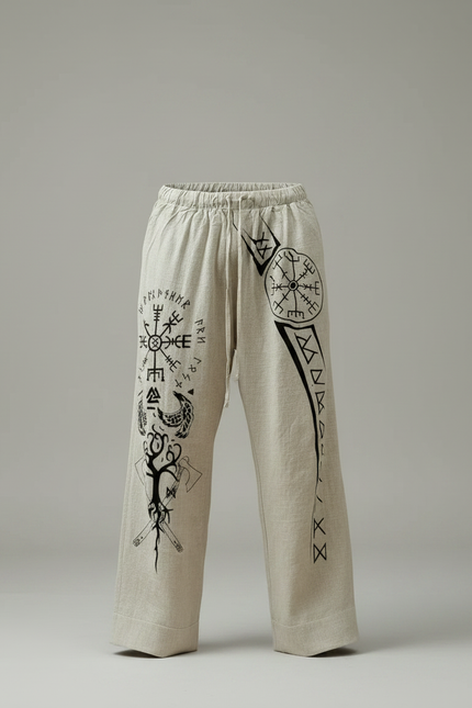 Pantalon Fluide Beige Coton Lin Ample Imprimé Viking Homme - vue 3