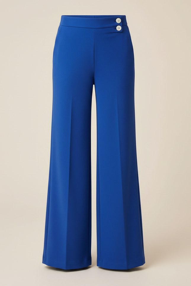 Pantalon Fluide Bleu Royal Ample Taille Haute Boutons - Polyester - vue 3