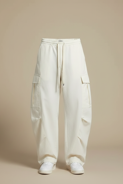 Pantalon Fluide Écru Cargo Ample Cordon Homme Décontracté - Blanc Toile - vue 3