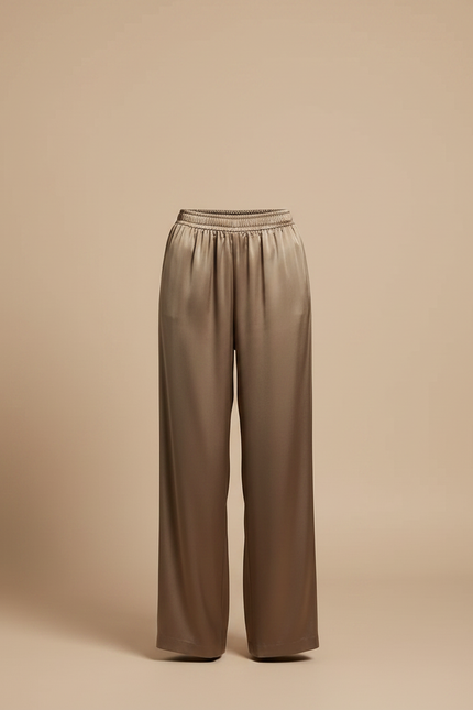 Pantalon Fluide Satiné Ample Marron Taille Élastique - vue 3