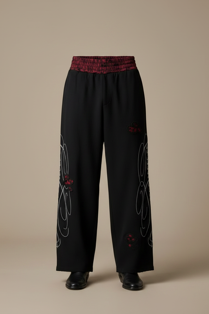 Pantalon Fluide Noir Ample Brodé Décontracté - Viscose - vue 3