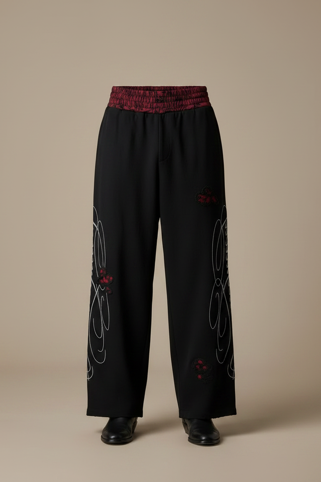 Pantalon Fluide Noir Ample Brodé Décontracté - Viscose - vue 3