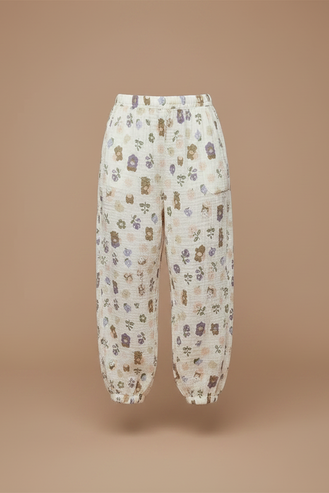 Pantalon Fluide Blanc Imprimé Fleurs Muslin Enfant - Coton - vue 3