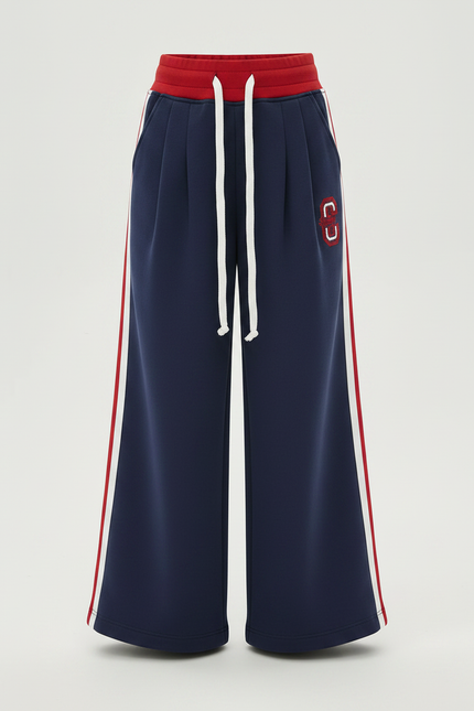 Pantalon Fluide Bleu Marine Rayures Blanches Rouges Décontracté - Molleton - vue 3