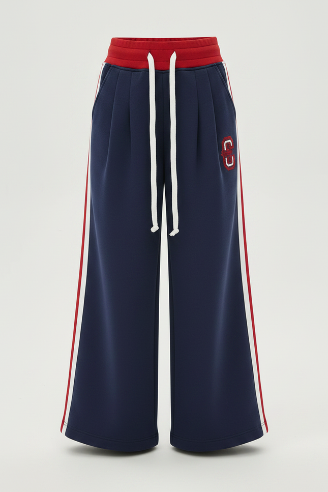 Pantalon Fluide Bleu Marine Rayures Blanches Rouges Décontracté - Molleton - vue 3