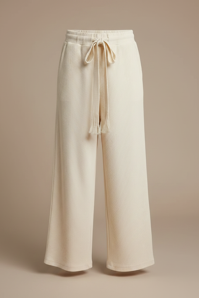 Pantalon Fluide Écru Côtelé Ample Décontracté Cordon - Beige Cordé - vue 3