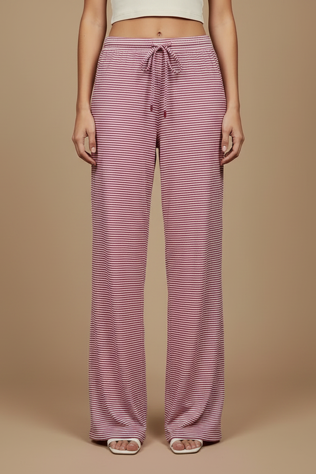 Pantalon Fluide Rose Rayé Ample Cordon Décontracté - Maille - vue 3