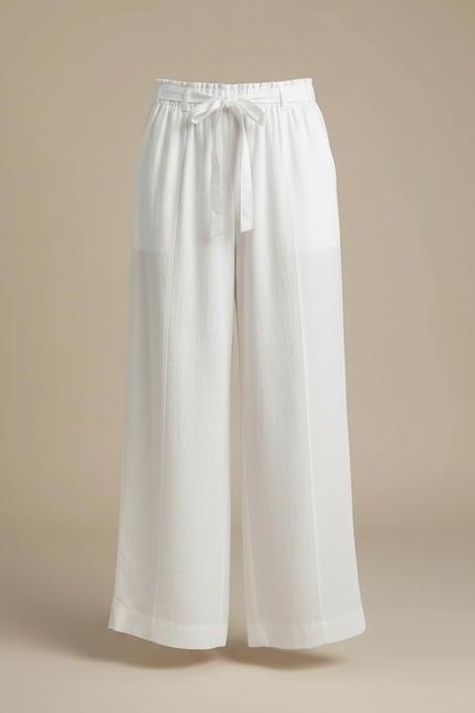 Pantalon Fluide Blanc Ample Taille Haute Lin Femme - vue 3