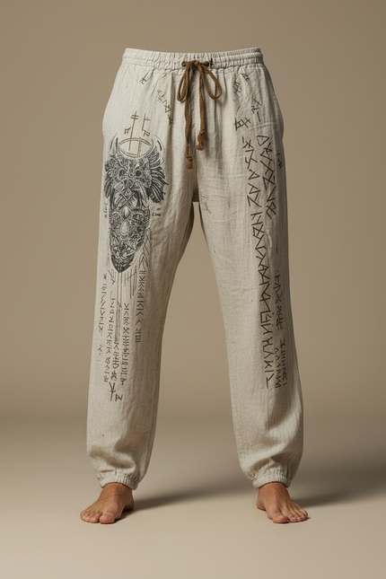 Pantalon Fluide Écru Lin Ample Imprimé Viking Homme - Beige - vue 3