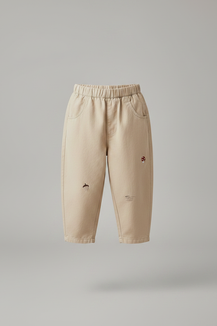 Pantalon Fluide Beige Coton Ample Brodé Garçon Décontracté - vue 3