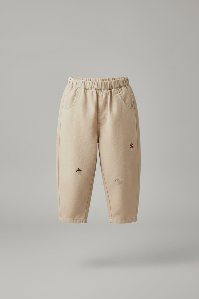 Pantalon Fluide Beige Coton Ample Brodé Garçon Décontracté - vue 3
