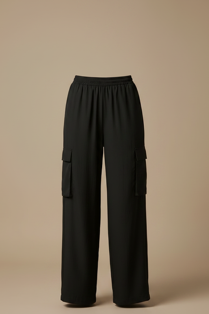 Pantalon Fluide Noir Ample Taille Haute Cargo Femme - Polyester - vue 3
