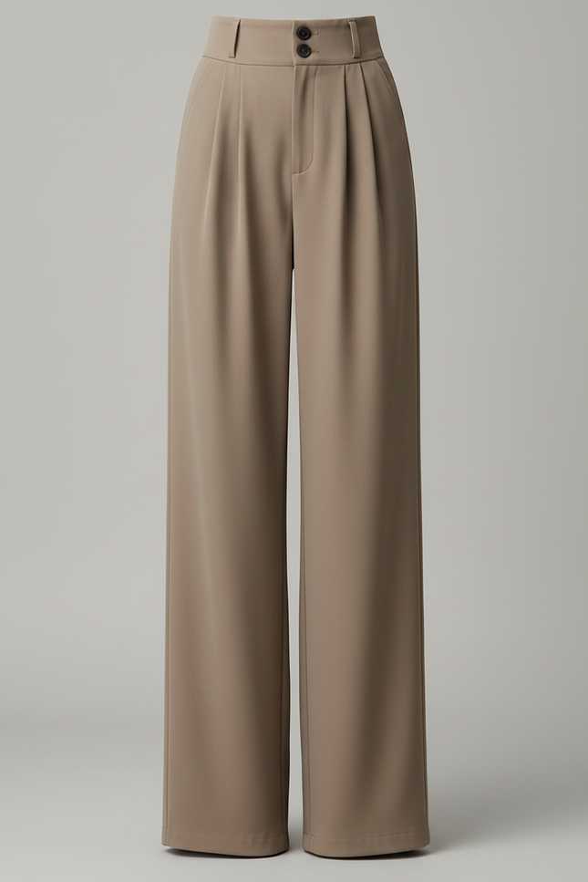 Pantalon Fluide Évasé Taille Haute Plissé Marron Élégant - Kaki Polyester - vue 3