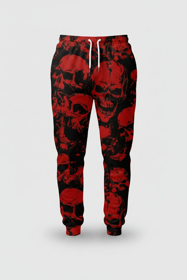 Pantalon Fluide Noir Crânes Rouges Ample Décontracté Homme - Imprimé Molleton - vue 3