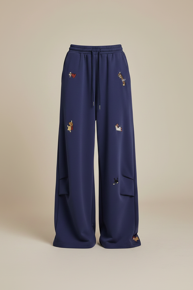 Pantalon Fluide Bleu Marine Large Brodé Décontracté - Molleton - vue 3