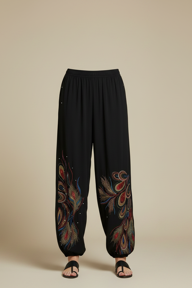 Pantalon Fluide Noir Ample Imprimé Paon Bohème Chic - Viscose - vue 3