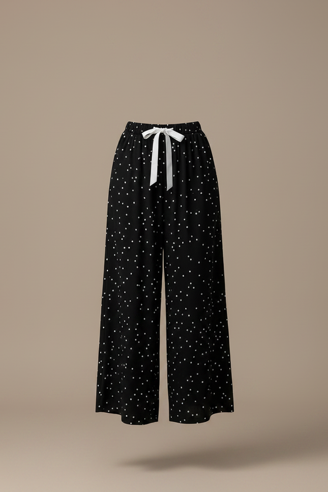 Pantalon Fluide Noir Ample Pois Blancs Cordon - Viscose - vue 3