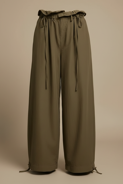 Pantalon Fluide Kaki Ample Taille Haute Décontracté Femme - Polyester - vue 3