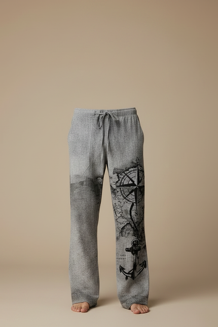 Pantalon Fluide Gris Ample Imprimé Boussole Ancre Décontracté - Molleton - vue 3