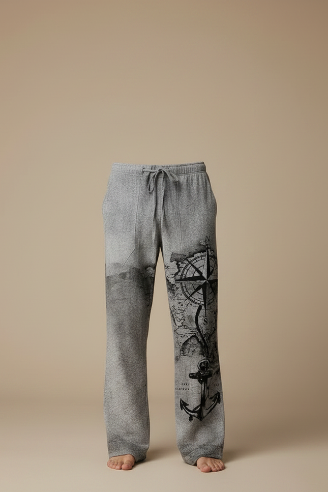 Pantalon Fluide Gris Ample Imprimé Boussole Ancre Décontracté - Molleton - vue 3