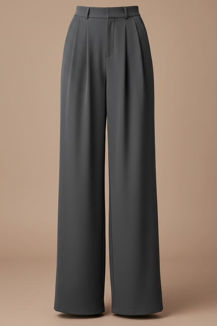 Pantalon Fluide Ample Taille Haute Plissé Élegant - Gris Polyester - vue 3