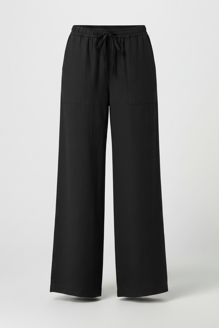 Pantalon Fluide Noir Ample Lin Décontracté Taille Haute - vue 3