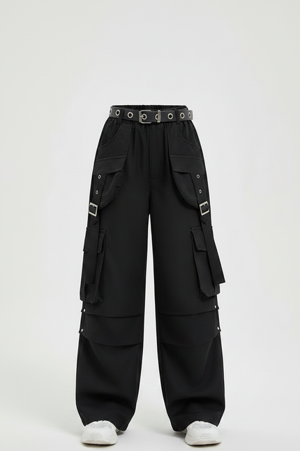 Pantalon Fluide Noir Cargo Ample Ceinture Fille - Gabardine - vue 3