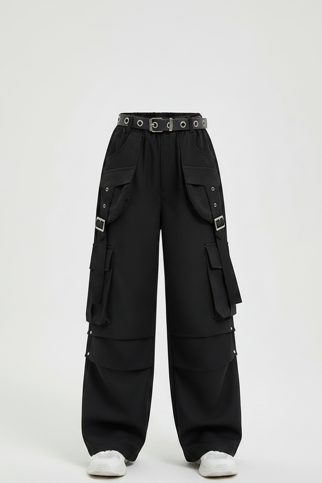 Pantalon Fluide Noir Cargo Ample Ceinture Fille - Gabardine - vue 3