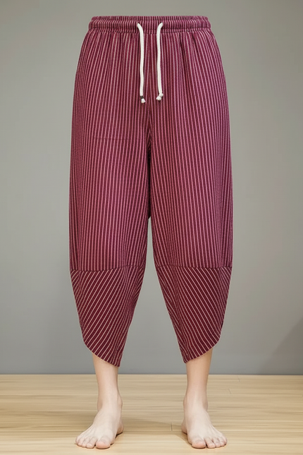 Pantalon Fluide Rayé Rouge Ample Coton Homme - Bordeaux - vue 3