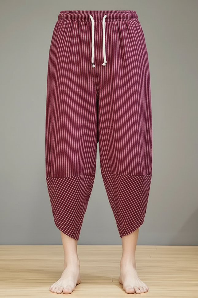 Pantalon Fluide Rayé Rouge Ample Coton Homme - Bordeaux - vue 3