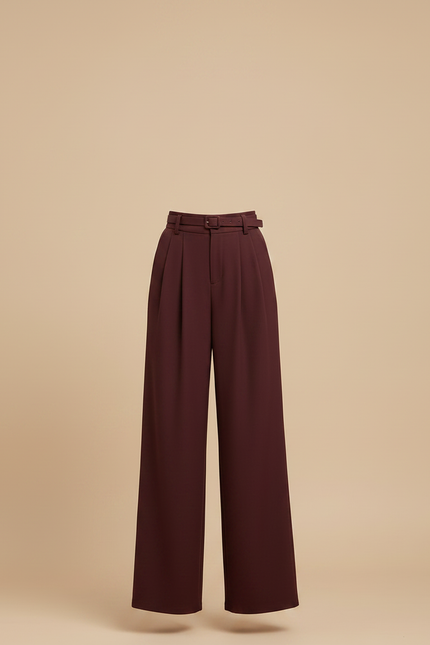 Pantalon Fluide Bordeaux Taille Haute Ample Plissé Élégant - Polyester - vue 3