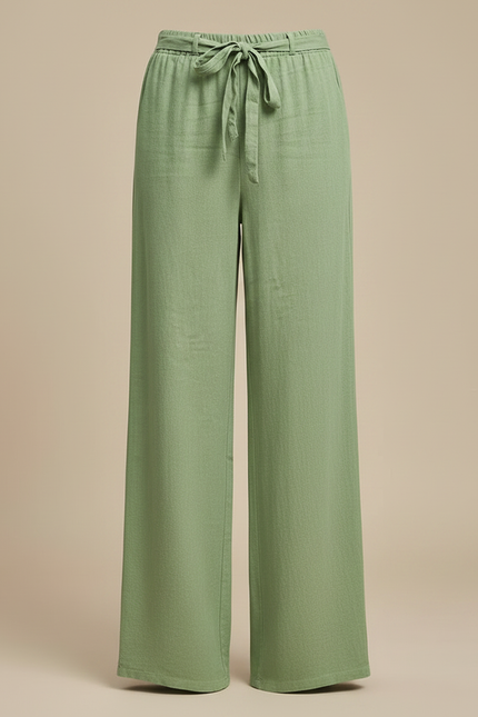 Pantalon Fluide Vert Ample Coton Ceinture Nouée - Lin - vue 3