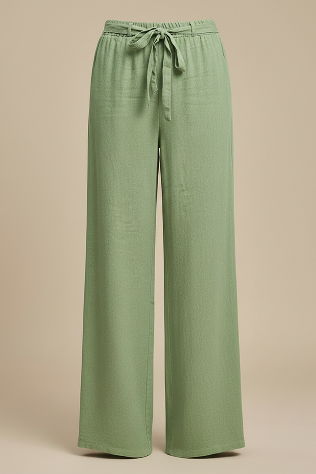 Pantalon Fluide Vert Ample Coton Ceinture Nouée - Lin - vue 3