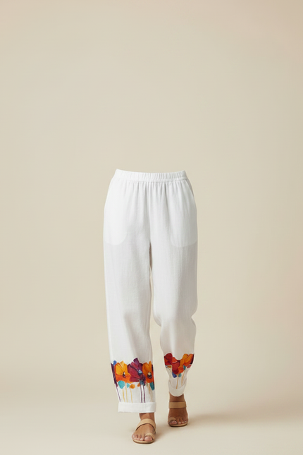 Pantalon Fluide Blanc Floral Ample Décontracté Femme - Lin - vue 3