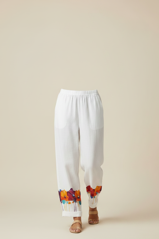 Pantalon Fluide Blanc Floral Ample Décontracté Femme - Lin - vue 3