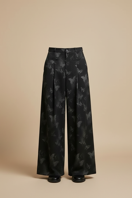 Pantalon Fluide Noir Ample Papillons Jacquard Taille Haute - Polyester - vue 3
