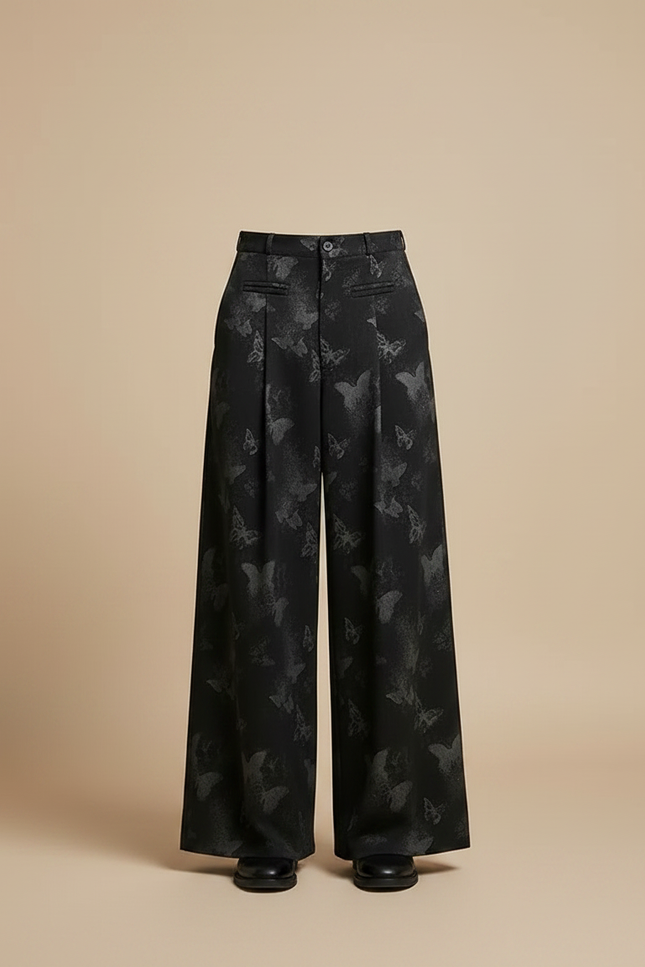 Pantalon Fluide Noir Ample Papillons Jacquard Taille Haute - Polyester - vue 3