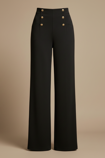 Pantalon Fluide Noir Taille Haute Boutons Dorés Élégant Large - Polyester - vue 3