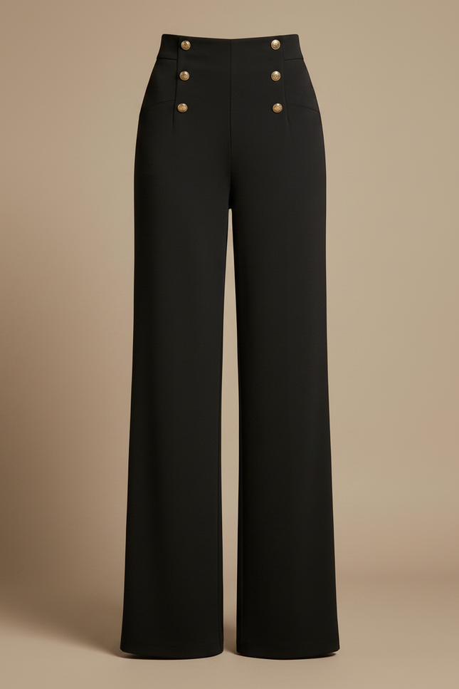 Pantalon Fluide Noir Taille Haute Boutons Dorés Élégant Large - Polyester - vue 3