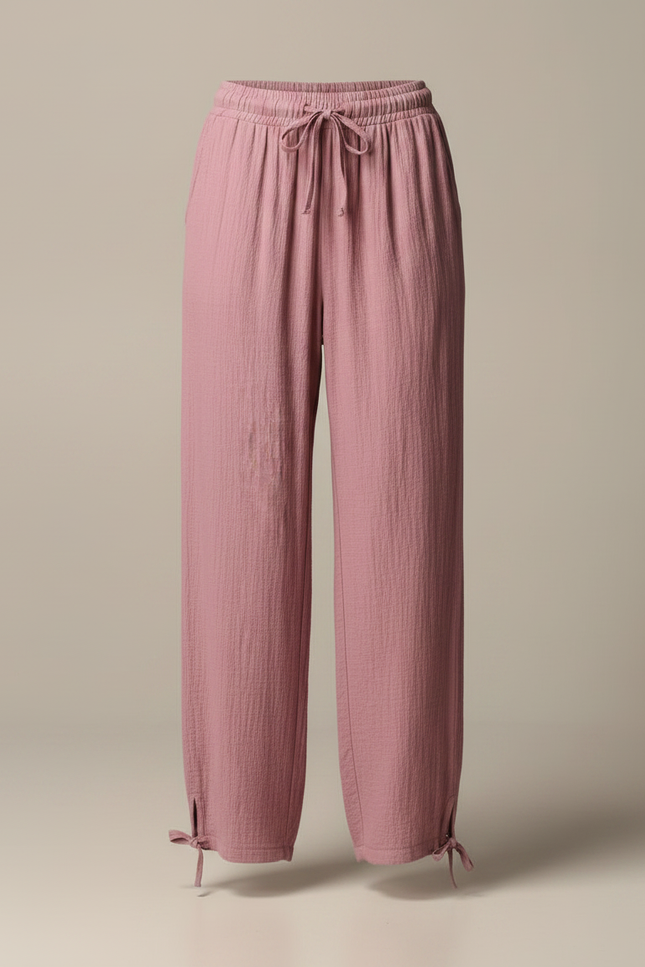 Pantalon Fluide Rose Ample Coton Lin Cordon Femme - vue 3