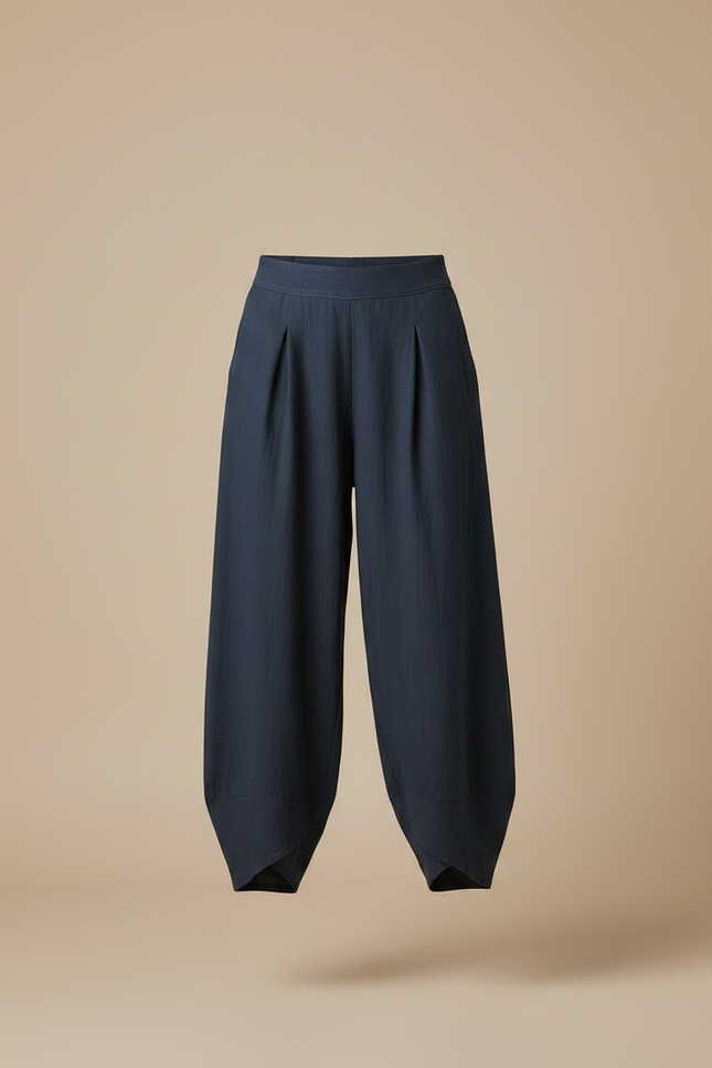 Pantalon Fluide Bleu Marine Ample Coton Lin Décontracté - vue 3