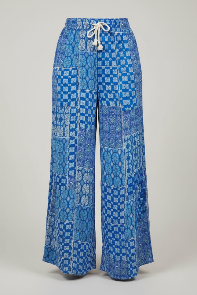 Pantalon Fluide Bleu Imprimé Géométrique Ample Cordon - Viscose - vue 3