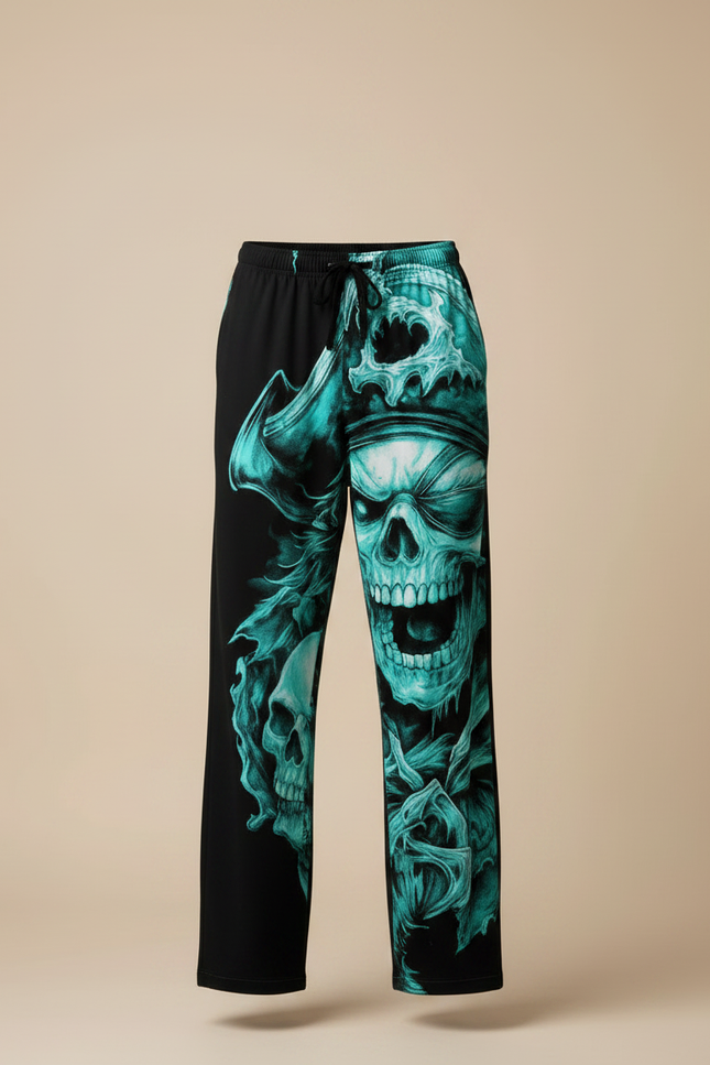 Pantalon Fluide Noir Ample Crâne Pirate Turquoise Homme - Viscose - vue 3