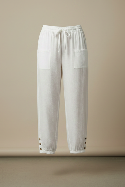 Pantalon Fluide Blanc Ample Coton Lin Boutonné Décontracté - vue 3