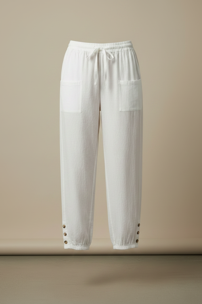 Pantalon Fluide Blanc Ample Coton Lin Boutonné Décontracté - vue 3