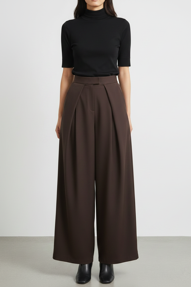 Pantalon Fluide Marron Ample Plissé Élégant - Polyester - vue 3