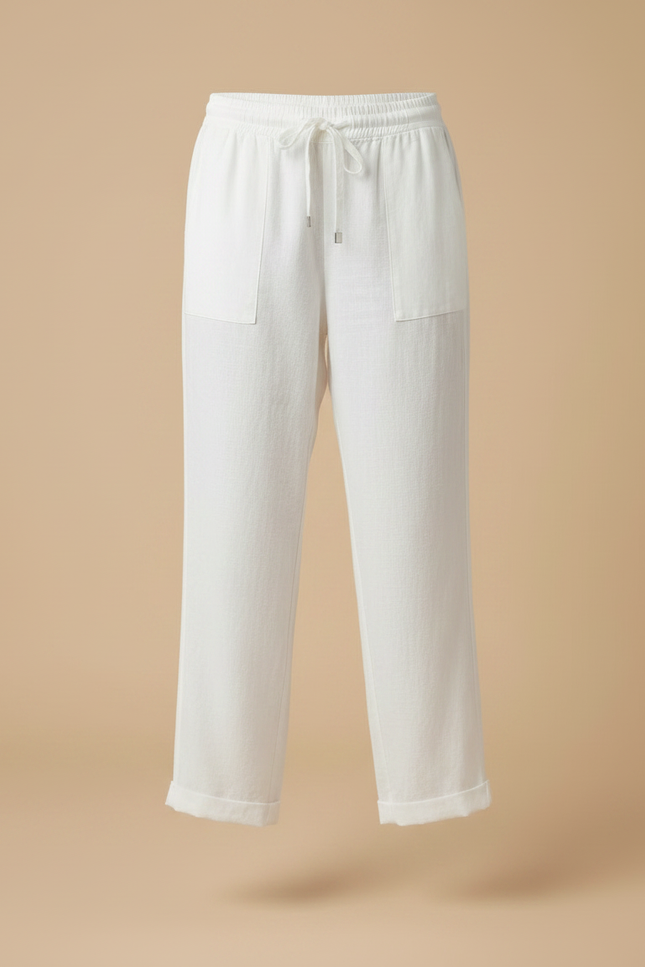 Pantalon Fluide Blanc Lin Coton Ample Décontracté Cordon - vue 3