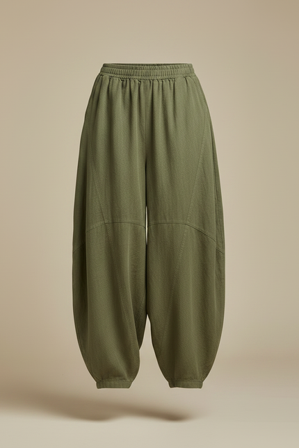 Pantalon Fluide Vert Ample Lin Coton Décontracté - Kaki - vue 3
